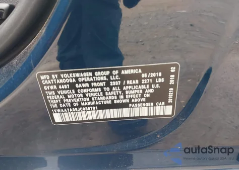 2018 Volkswagen Passat z USA, uszkodzony, nr VIN 1VWAA7A38JC039791